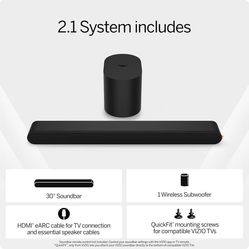 VIZIO 2.1 Soundbar, Wireless Subwoofer w/Dolby Atmos & DTS:X, Bluetooth Speaker, QuickFit™ Compatible – SV210M-08 (New, 2024 Model)