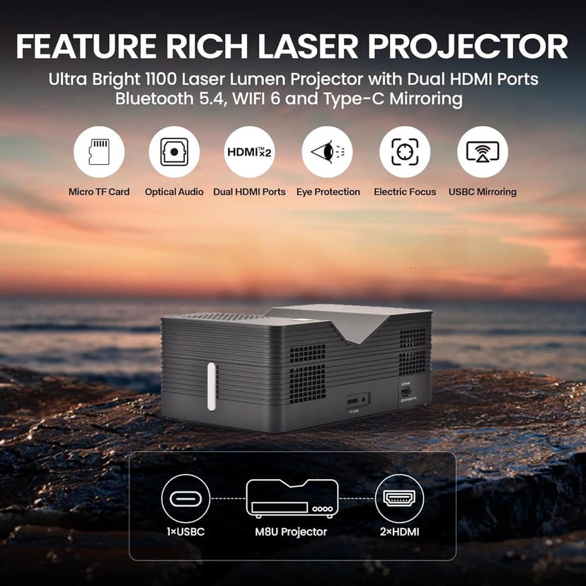 AAXA M8 UST Ultra Short Throw 4K Laser Projector 1100 LD Lumens, BT 5.4, WiFi 6, USBC Mirroring, 2xHDMI, Optical Audio, Efocus, Auto Keystone, Smart Technology