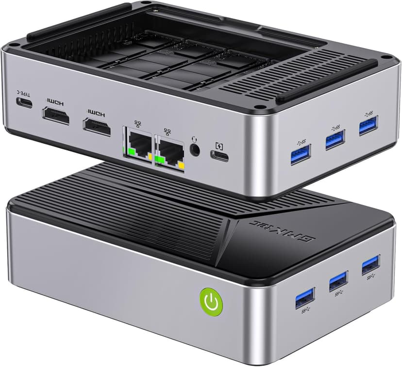 GMKtec Mini PC NAS, G9 Intel N150 Dual Boot Linux Desktop Computer 12GB DDR5 64GB EMMC M.2 SSD, 4*M.2 NVMe Slots, Dual NIC 2.5GbE, USB-C/USB 3.2 10Gbps, Network Attached Storage