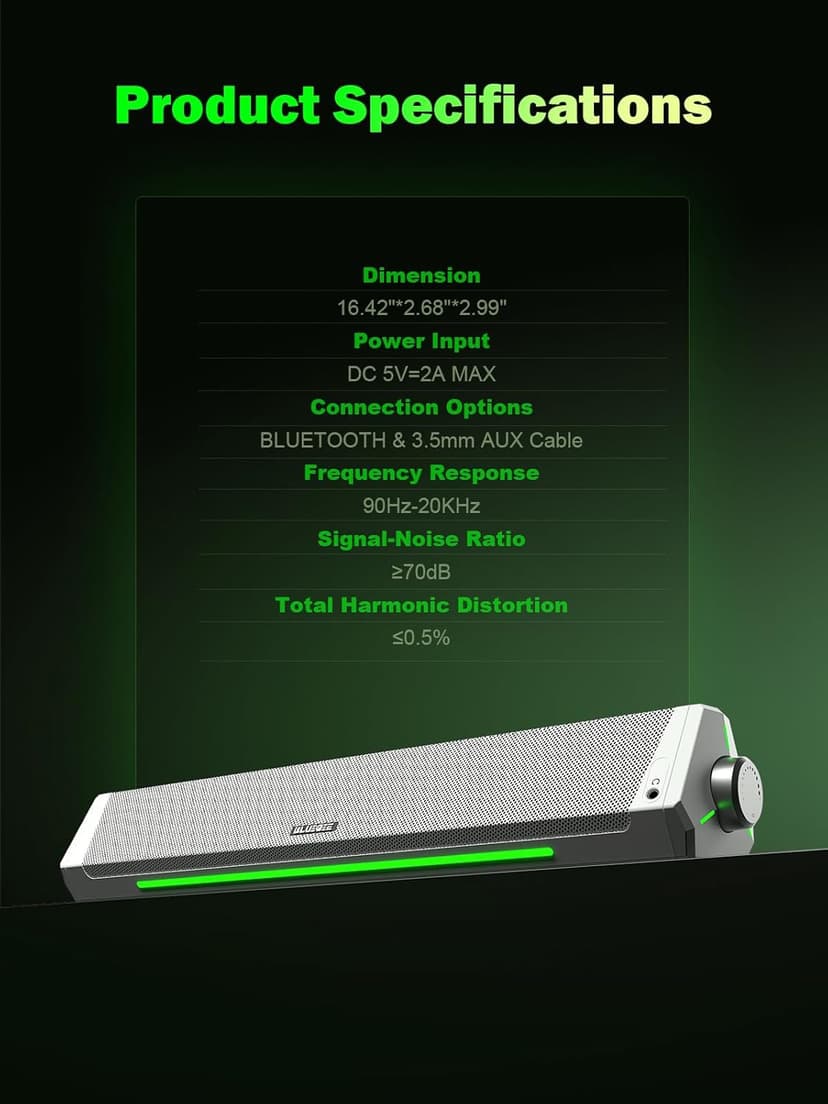 Bluedee Computer Speakers, Bluetooth Computer Soundbar, HiFi Stereo, 3.5mm Aux-in Connection, USB Powered Computer Speakers for Desktop Monitor, PC, Laptop, Tablets