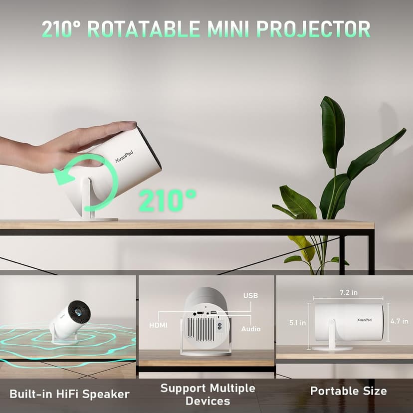 [Netflix Officially & Electric Focus] Mini Projector with WiFi and Bluetooth, XuanPad Full HD 1080P Portable Projector, 210° Rotatable Stand, Auto Keystone, Dust Removal and Heat Dissipation Design