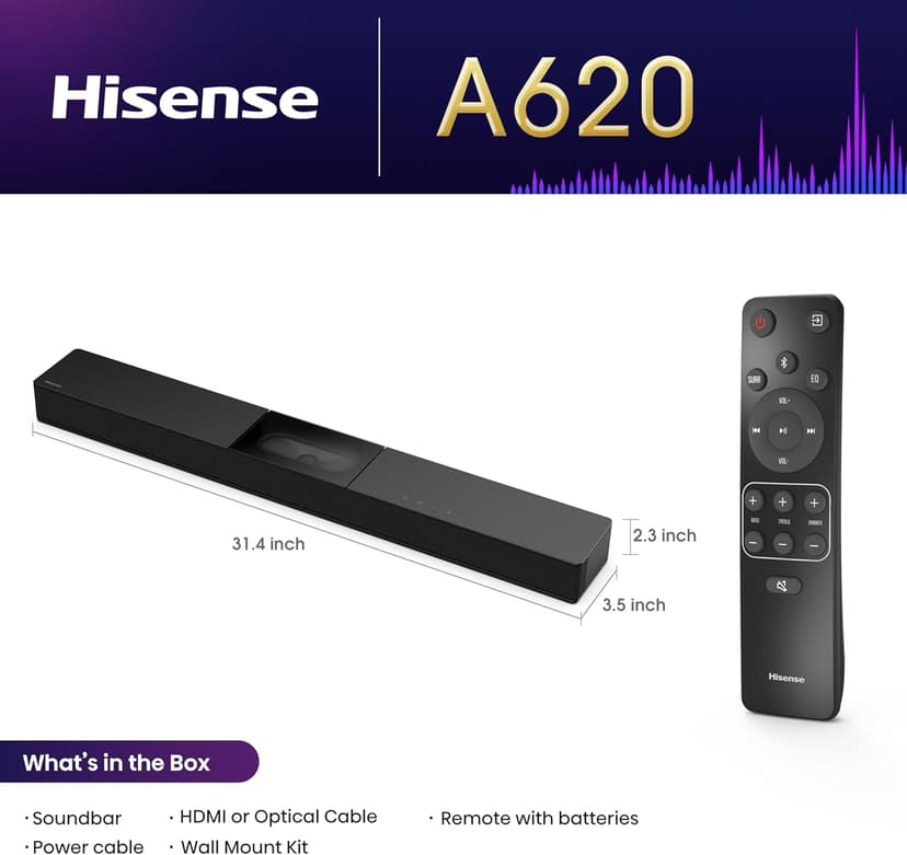 Hisense A620 2.1ch All-in-one Sound Bar with Built-in Subwoofer, 240W, DTS Virtual: X, Dolby Dightal Plus, Bluetooth 5.3, Roku TV Ready, HDMI ARC/AUX/USB, Ez Play, Black (A620, 2024 Model)