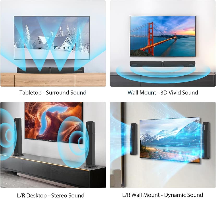 Sound Bar for Smart TV,90W Soundbar with Bluetooth/ARC/Optical/AUX Connect, Auto Volume Boost, 3 Customizable Equalizer Modes, 2 in 1 Detachable Soundbar for TV/PC/Gaming/Projectors