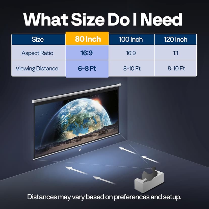 VIVOHOME Projector Screen Pull Down, 16:9 80 Inch Retractable Projection Screen, HD 4K Manual Pull Movie Screen for Home Theater, Cinema, Office (70x40 Inch White)