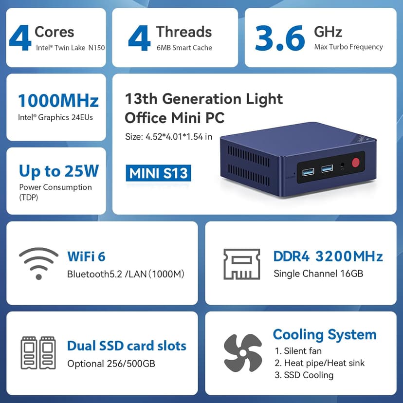 Beelink Mini S13 Mini PC,13th Intel Twin Lake-N150 (up to 3.6GHz, Upgraded N100), 16GB DDR4 500GB M.2 SSD, Mini Desktop Computer Support 4K Dual Display/USB 3.2/WiFi 6/BT 5.2 for HTPC/Office/Business