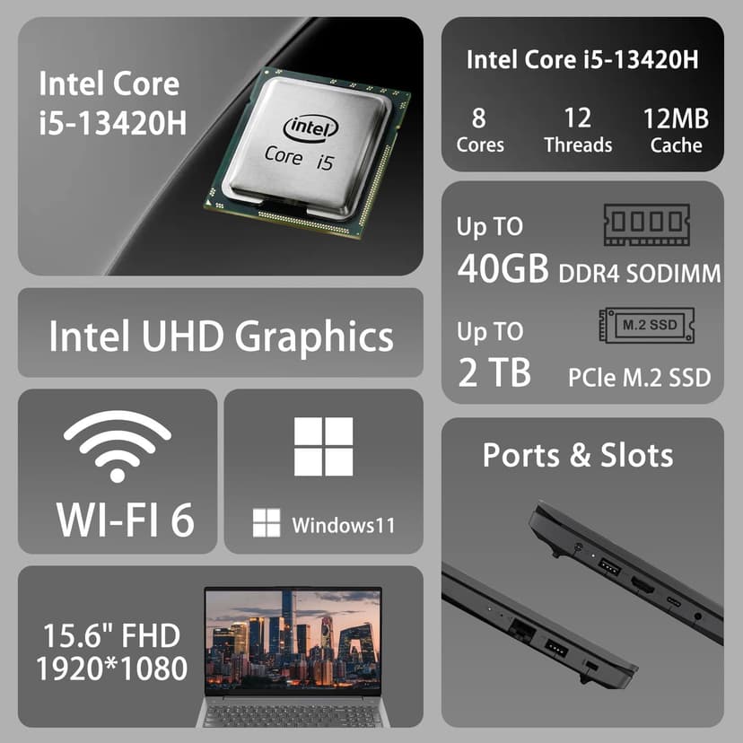 Lenovo V15 Business Laptop, 15.6” 1080p Full HD Display, Octa-Core Intel Core i5-13420H (Beat AMD Ryzen 7 7730U), 16GB RAM, 1TB SSD, Windows 11 Pro, Grey, PCO Laptop Cooler