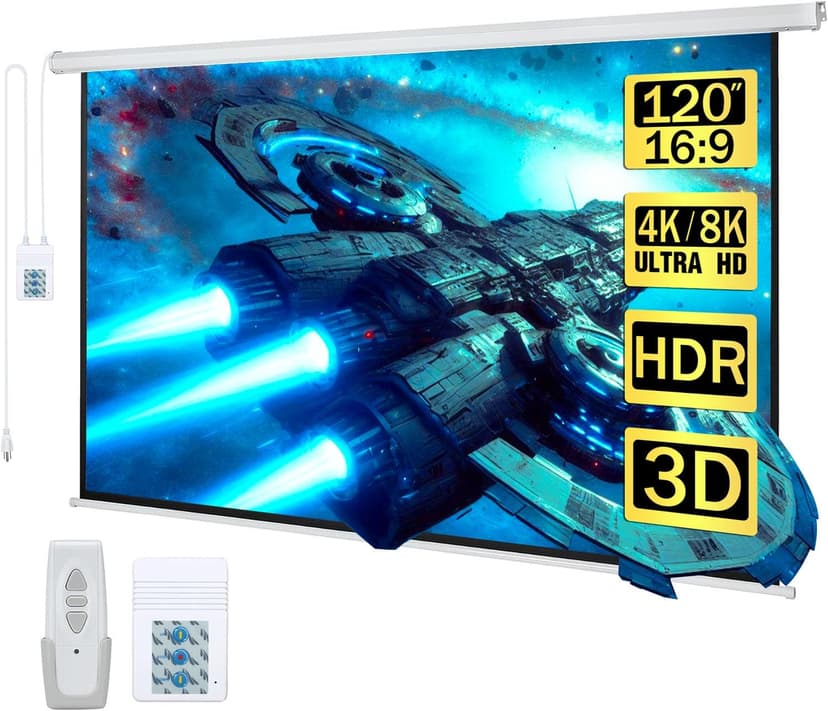 Kayle 120" Motorized Projector Screen Electric Diagonal Automatic Projection 16:9 HD Movies Screen for Home Theater Presentation Education Outdoor Indoor W/Wireless Remote, Wall/Ceiling Mount (White)