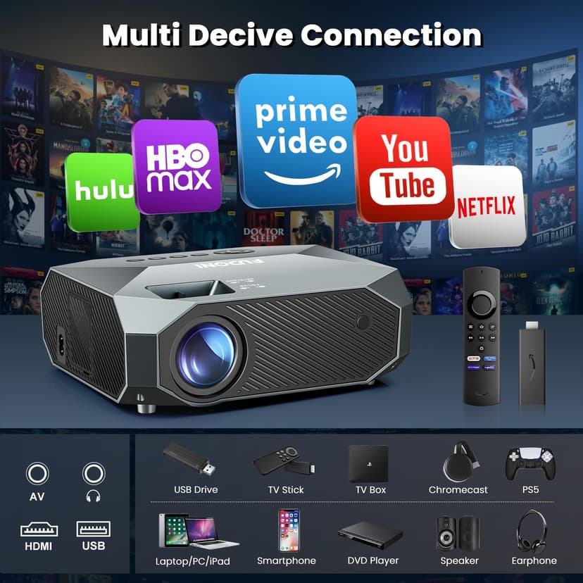 FUDONI Projector with WiFi and Bluetooth, Native 1080P Outdoor Movie Projectors 4k Supported, 15000L Portable Home Theater Projector Max 300", Indoor&Outdoor Use