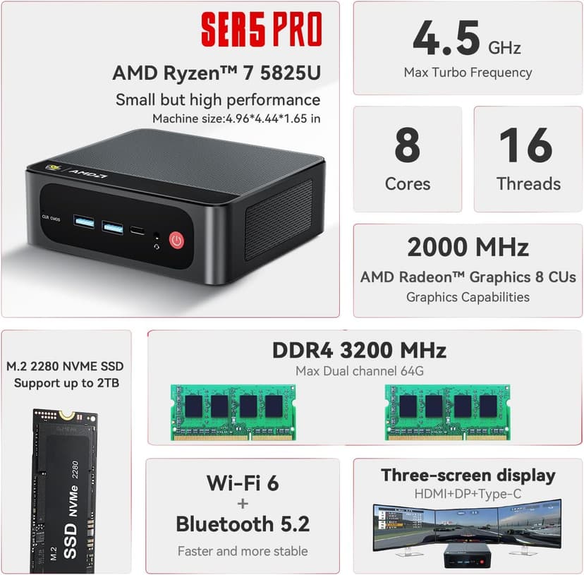 Beelink SER5 Pro Mini PC, AMD Ryzen 7 5825U(8C/16T, up to 4.5GHz), 32GB DDR4 RAM 500GB PCle3.0 SSD, SER5 Mini Computer Support 4K@60Hz Triple Display, WiFi6, BT5.2, DP+HDMI, Type-C