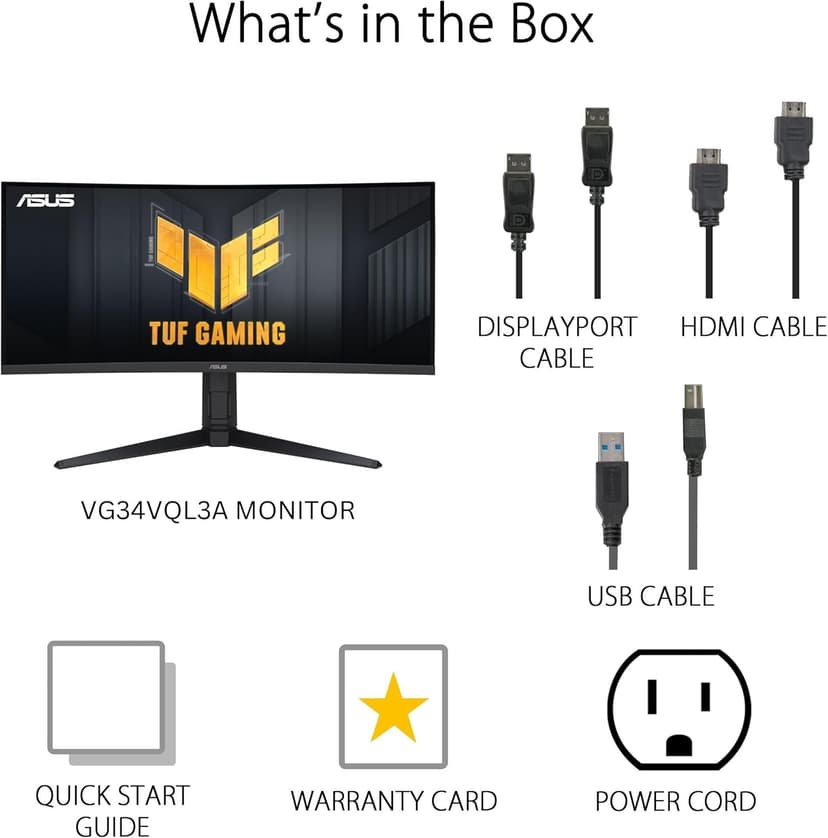 ASUS TUF Gaming 34” 1440P 1500R Curved Monitor (VG34VQL3A) - QHD (3440 x 1440), 180Hz, 1ms, Extreme Low Motion Blur, Freesync Premium Pro, 125% sRGB, DisplayHDR 400, Height Adjustable, 3 year warranty