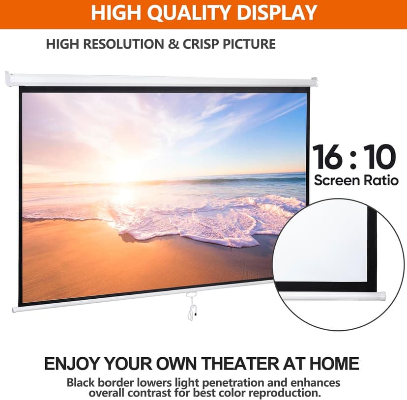 ZENY Portable Projector Screen Pull Down, 100 Inch 16:10 Video Projection Screen Home Theater, Retractable Projector Screen, Moive Screen Indoor Outdoor, Wall Mount (100'' 16:10 White)