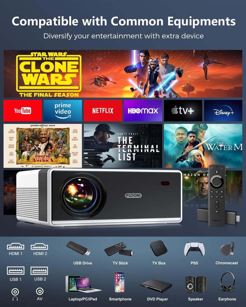 FUDONI Projector with WiFi and Bluetooth, Outdoor Portable 4K Support Projector 18000L HD 1080P Max 300" Display Zoom, Movie Video Home Theater Projector Compatible w/HDMI/USB/Phone/Laptop/TV Stick