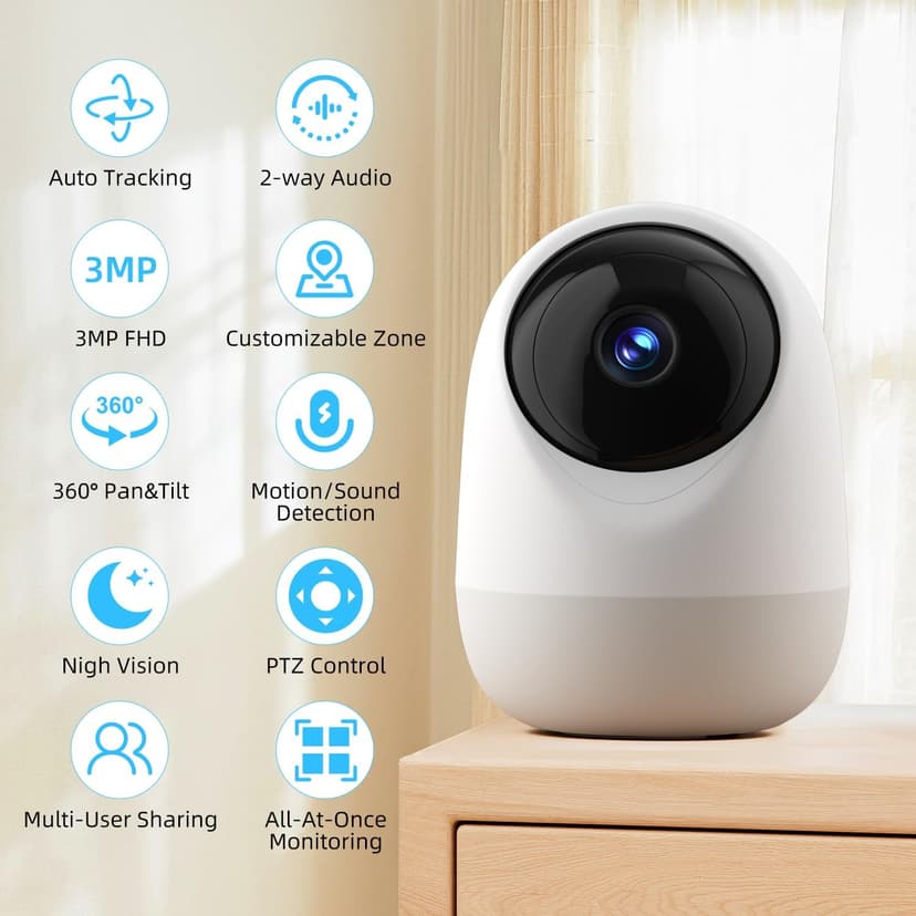 5&2.4Ghz Indoor Security Camera, 360° 3MP WiFi Cameras for Home Security, Home Security Camera, Baby/Pet Camera with Phone App, Motion/Sound Detection, Auto Tracking, 2-Way Audio, TF/Cloud Storage
