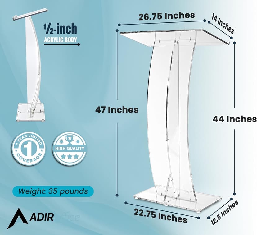 AdirOffice Clear Acrylic Podium, Ideal for use as Pulpits for Churches, Podium Stand for Wedding, or as Acrylic Lectern