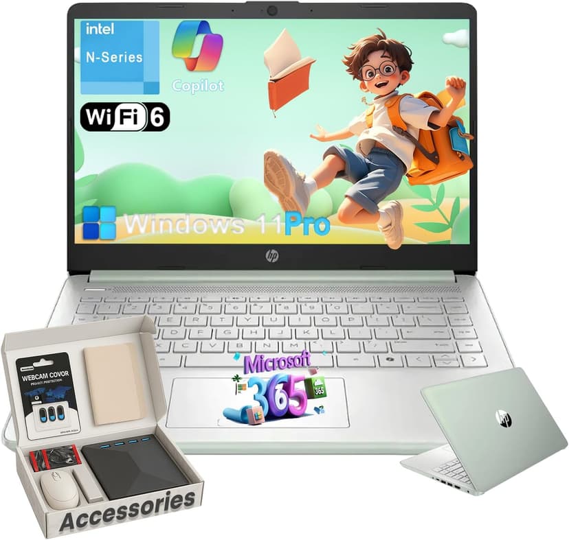 HP Student Business Laptop Computer - w/Microsoft Office Lifetime & External DVD Drive • 16GB RAM • 128GB UFS & 256GB Extend Micro SD • Intel 4-Core Processor • HD Display • Win11 Pro(Green)