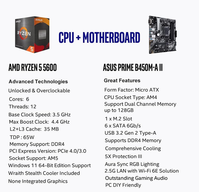 MICRO CENTER AMD Ryzen 5 5600 Desktop Processor with ASUS Prime B450M-A II AMD AM4 Micro ATX Motherboard