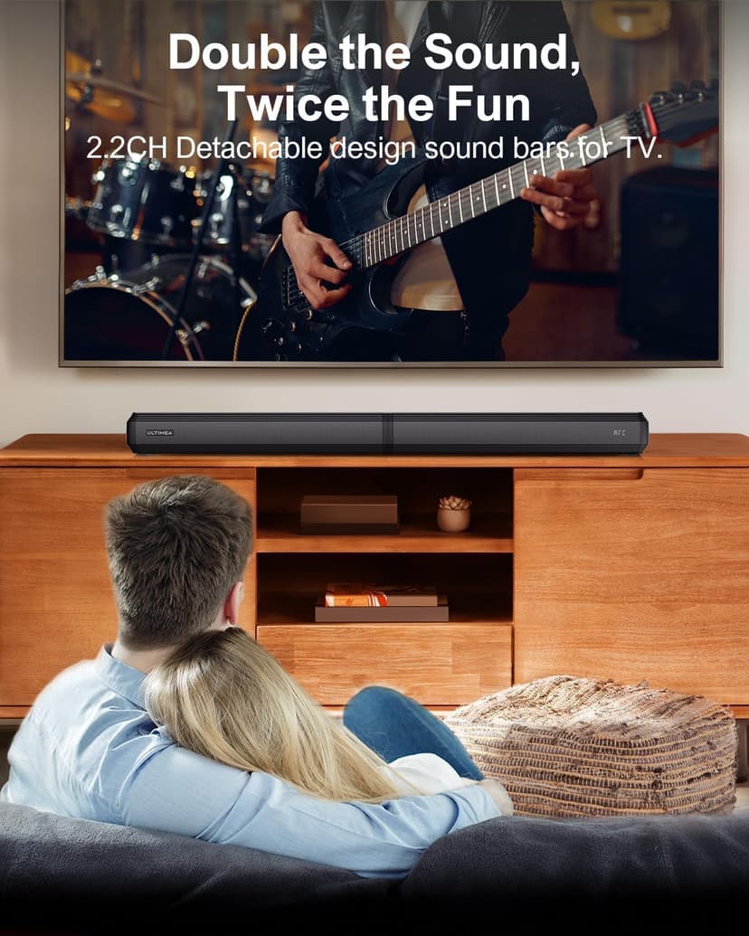 ULTIMEA 2.2ch Sound Bar for Smart TV, Peak Power 100W, 2-in-1 Detachable Sound Bar for TV, App, Bluetooth 5.3 TV Soundbar, 3 EQ Modes, BassMX Technology, HDMI-ARC/Opt/AUX, Apollo S40, 2025 Upgraded