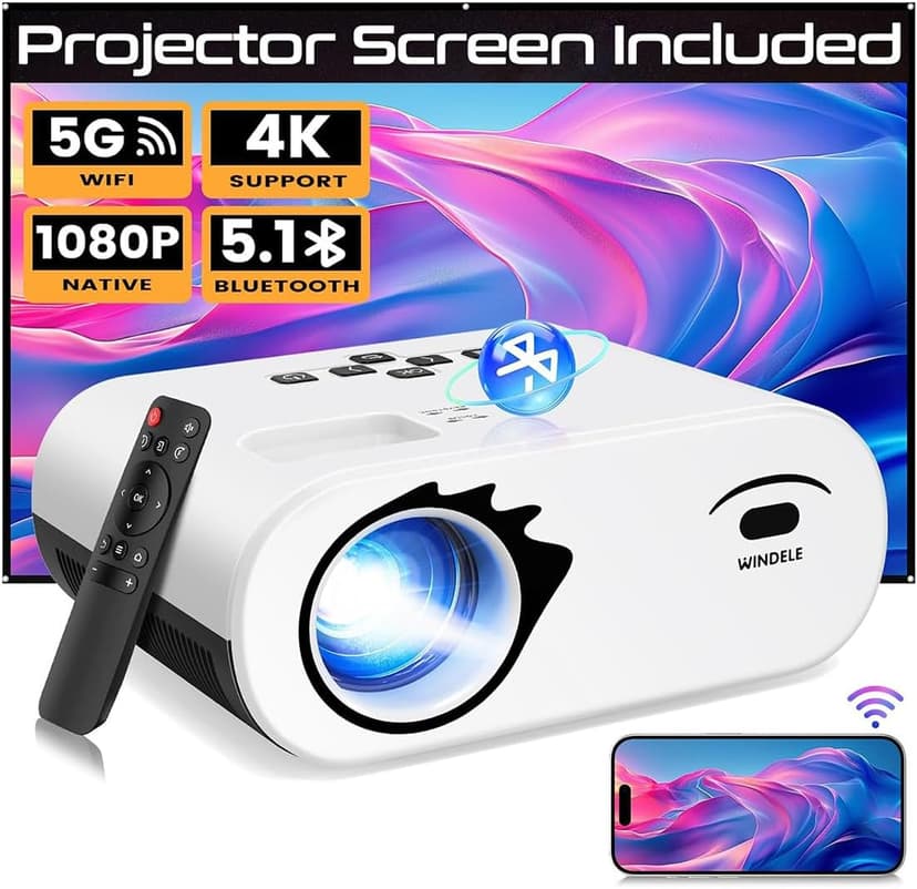 Mini Projector with WiFi and Bluetooth, Screen | Native 1080P, Portable Outdoor 5G Projector, Lag-Free, Compatible with iPhone, Android, PC, Fire Stick, Xbox, and PS5