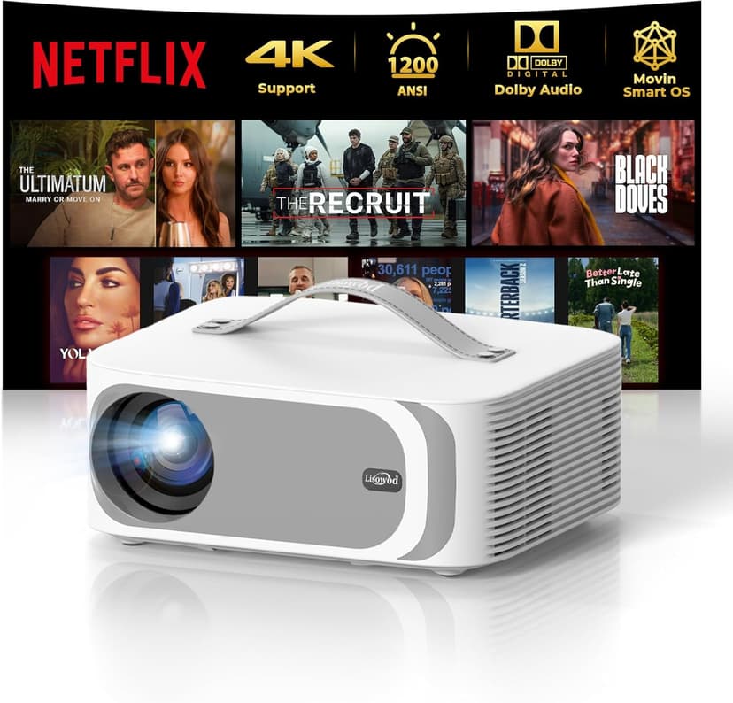 [AI Movin System & 1200 ANSI] Projector-4K with WiFi 6 and Bluetooth, 30W DoIby Audio Netflix-Licensed Projector, One-touch Focus Portable 1080P Outdoor-Projector, Lisowod Smart Proyector with HDR10+