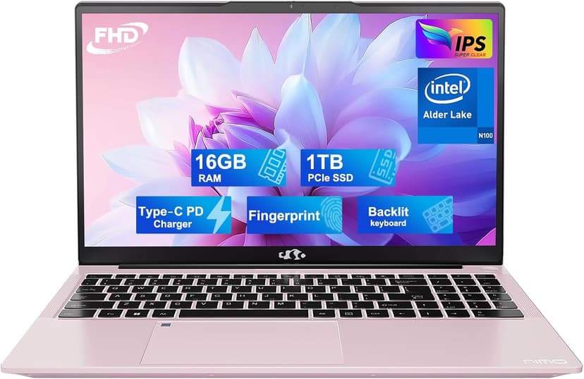 NIMO 15.6 FHD Student Laptop, 16GB RAM, 1TB SSD, Intel Pentium Quad-Core N100(Beat to i3-1115G4, Up to 3.4GHz), 2 Years Warranty, Backlit Keyboard, Fingerprint, Win 11, Rose Gold