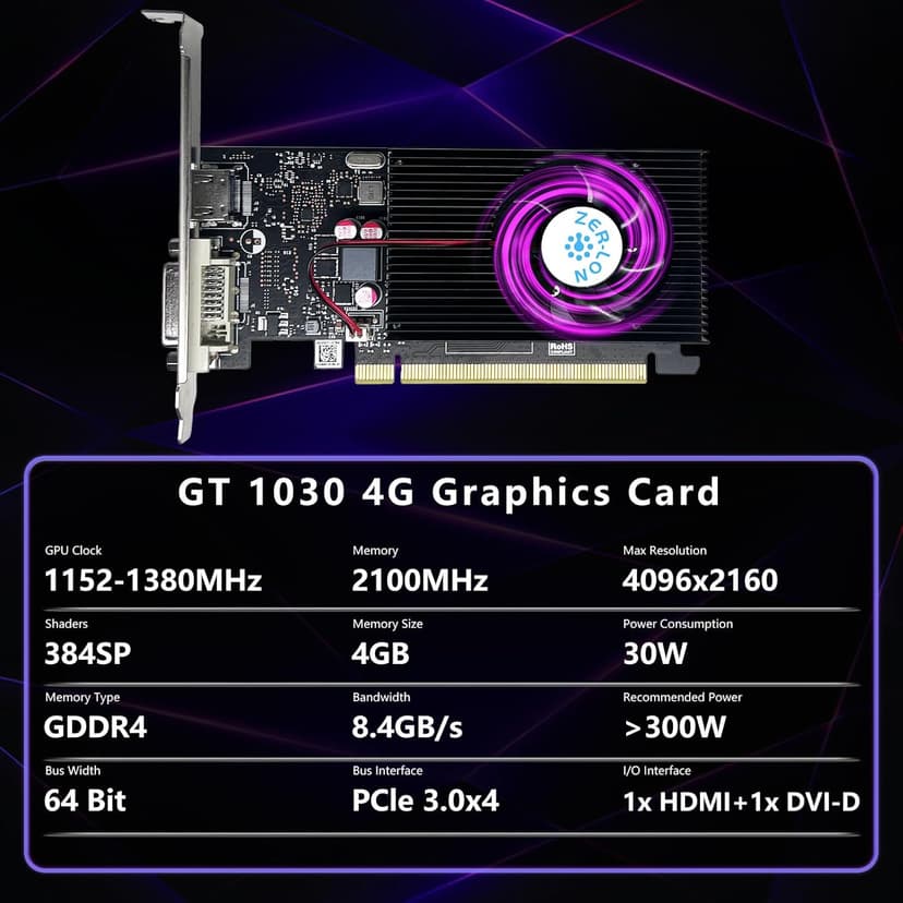 GeForce GT 1030 4G Low Profile Graphics Card, GDDR4 64Bit, HDMI/DVI Ports Support DirectX 12 Computer Gaming Video Card, Desktop GPU, Support 4K
