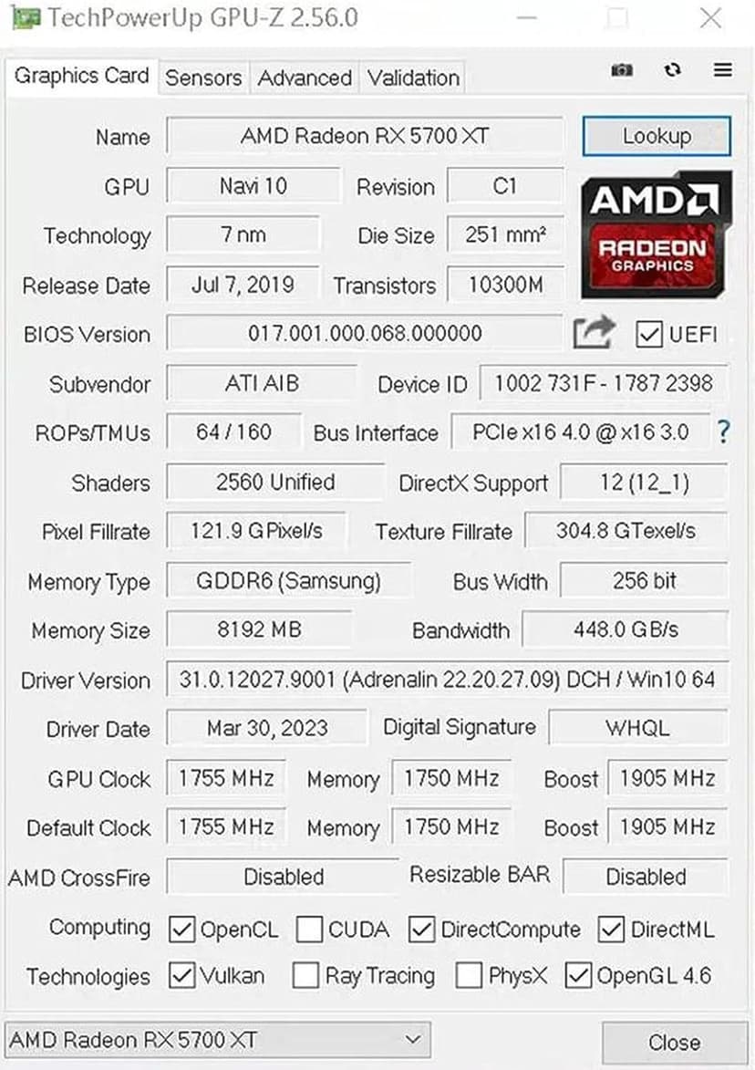 AMD RX 5700 XT Graphics Card 8 GB DDR6 Performance Equal to RTX 3060 and 2060 Super 2560SP 256Bit PCI E 4.0x16 Base/BST/Mem 1605/1905/1750 3X DP HDMI
