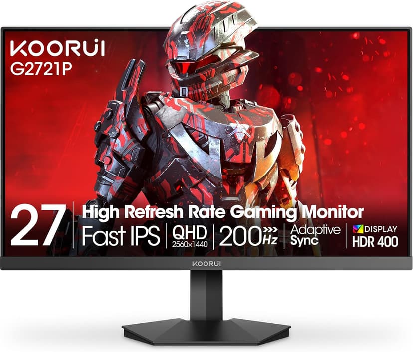 KOORUI 27" 200Hz Gaming Monitor, 1ms Fast IPS Computer Monitor, WQHD (2560 x 1440p) HDR 400 Display, DCI-P3 95% Color Gamut, FreeSync Premium, Adaptive G-Sync, HDMI x 2, DisplayPort, Black