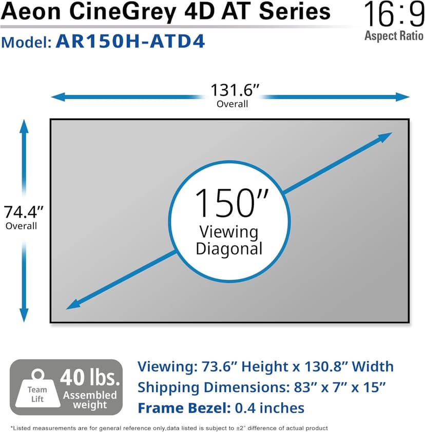 Elite Screens Aeon CineGrey 4D Acoustically Transparent, 150" Diag. 16:9, 4K/8K Ceiling Ambient Light Rejecting (CLR/ALR) Fixed Frame Edge Free Sound Transparent Projector Screen, AR150H-ATD4