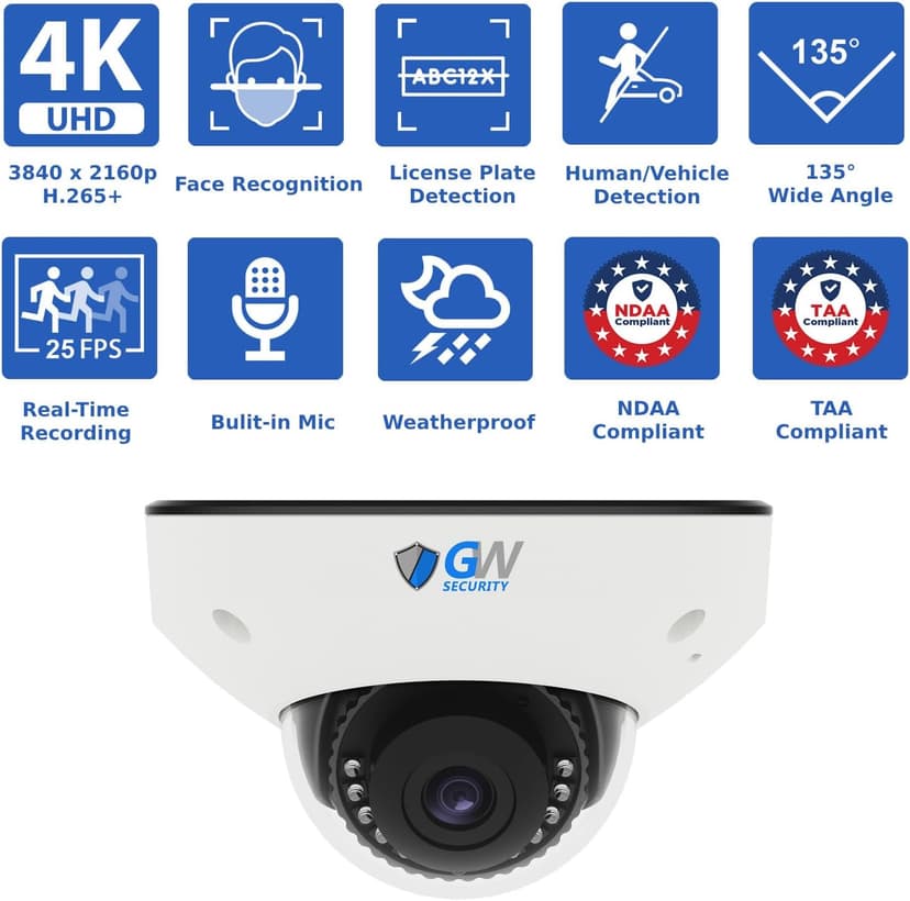 GW Security 16 Channel NVR UltraHD 4K Face Recognition NDAA & TAA Compliant Security Camera System with 16 x 8MP @25FPS Outdoor & Indoor PoE Dome Cameras, 10 Smart AI Functions
