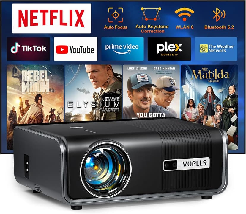 [Netflix Official & Auto Focus/Keystone] Smart Projector with WiFi and Bluetooth, VOPLLS 700ANSI Native 1080P Outdoor Projector, 50% Zoom Home Theater Movie Projector for Bedroom/iOS/Android