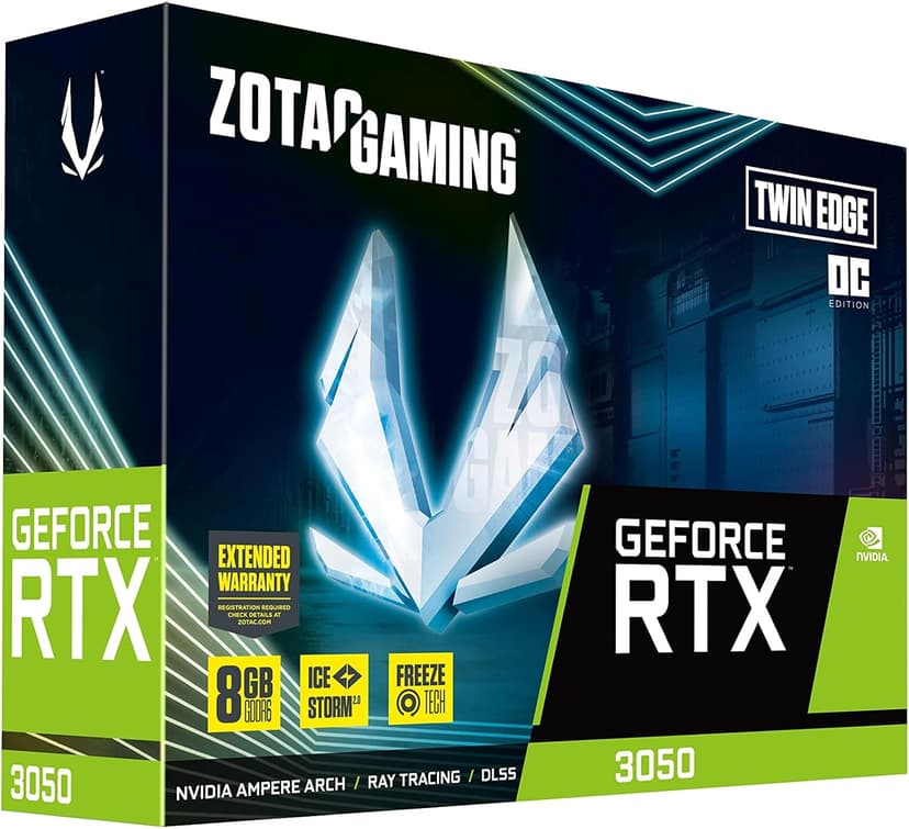 ZOTAC Gaming GeForce RTX 3050 Twin Edge OC 8GB GDDR6 128-bit 14 Gbps PCIE 4.0 Gaming Graphics Card, IceStorm 2.0 Advanced Cooling, Freeze Fan Stop, Active Fan Control, ZT-A30500H-10M