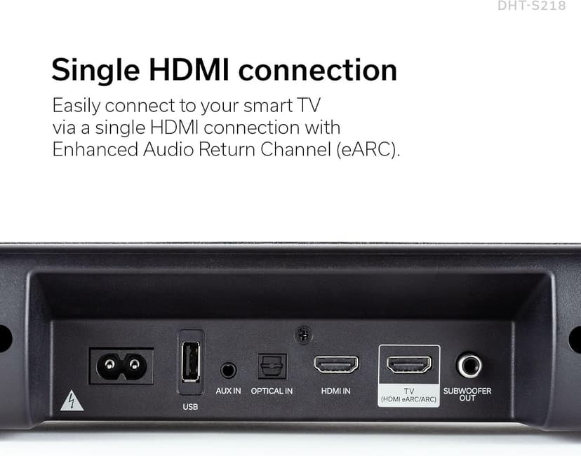 Denon DHT-S218 Sound Bar (Black), 2.1-Channel, 3D Audio with Dolby Atmos, 2 Built-in Subwoofers, Dual Midrange Drivers & Tweeters, 4K UHD HDMI with eARC, Dialog Enhancer, Multi-Pairing & Multi-Point