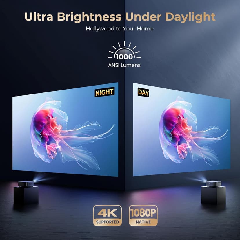 [1000 ANSI & Audio by DBX-TV] Alvar 4K Projector with WiFi 6 and Bluetooth, 30W Speakers, Netflix Certified & DoIby Audio Outdoor Proyector, Auto Focus Native 1080P Smart Projector, Black