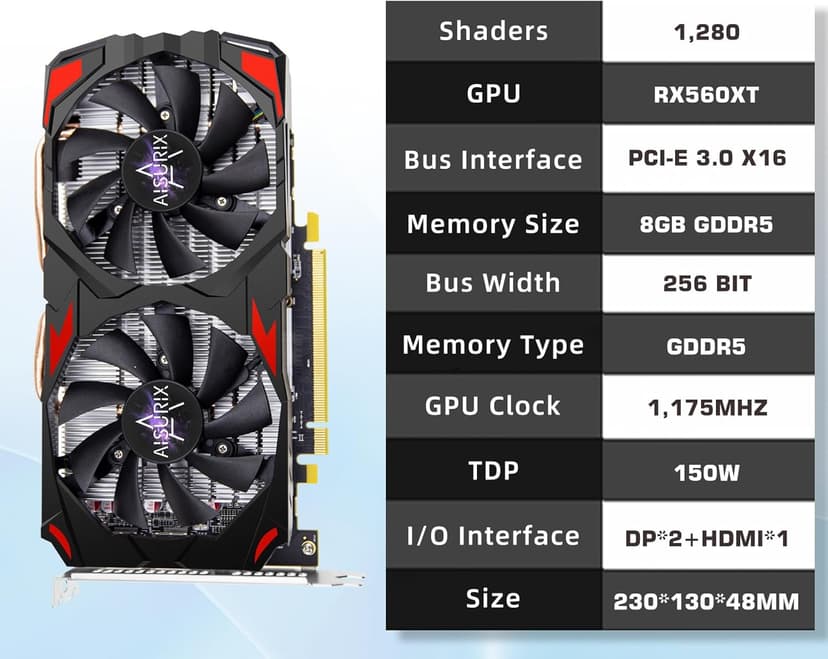 RX 560 XT 8GB GDDR5 Graphics Card,1792SP,128Bits, PC Gaming Video Card, Computer GPU, PCI Express x16 3.0 with Freeze Fan Stop for Desktop Computer Tarjeta Gráfica