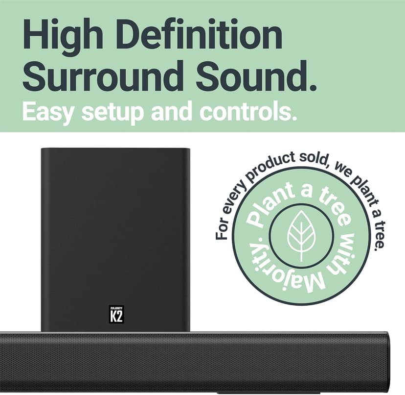 Majority K2 Sound Bar with Subwoofer | 150W Powerful Stereo 2.1 Channel Sound Bar for TV | Home Theatre 3D Surround Sound I HDMI ARC, Bluetooth, Optical & RCA Connection I USB & AUX Playback | Black