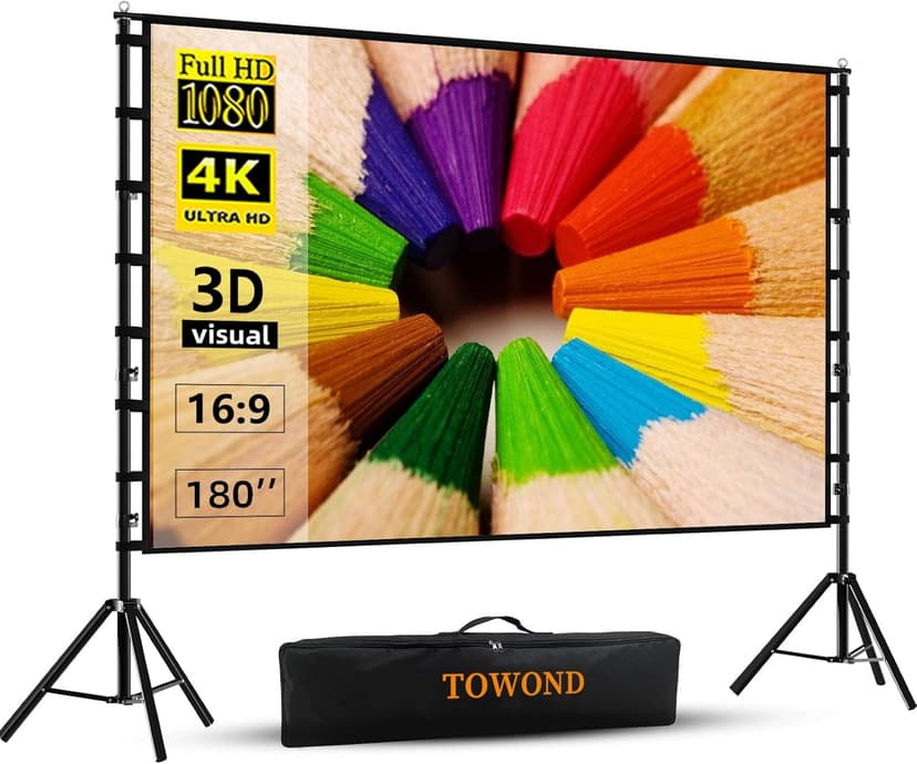 Projector Screen and Stand,TOWOND 180 inch Outdoor Projector Screen 15 FT Large Projection Screen, Portable 16:9 4K HD Rear Front Movie Screen with Carry Bag Wrinkle-Free Design for Backyard Theater