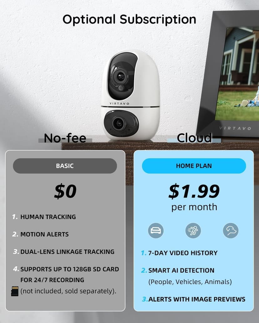virtavo XD1 Indoor Security WiFi Camera, Wireless, Dual-Lens 360° PTZ Baby Monitor & Pet Cam, Motion Tracking, 2-Way Audio, Night Vision, Cloud/SD Storage, Phone App