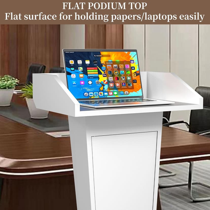 Heavy-Duty Black Metal Podium Stand with Lockable Wheels | Mobile Lectern with Storage Cabinet & Adjustable Height | for Conference Rooms, Churches, Classrooms & Events