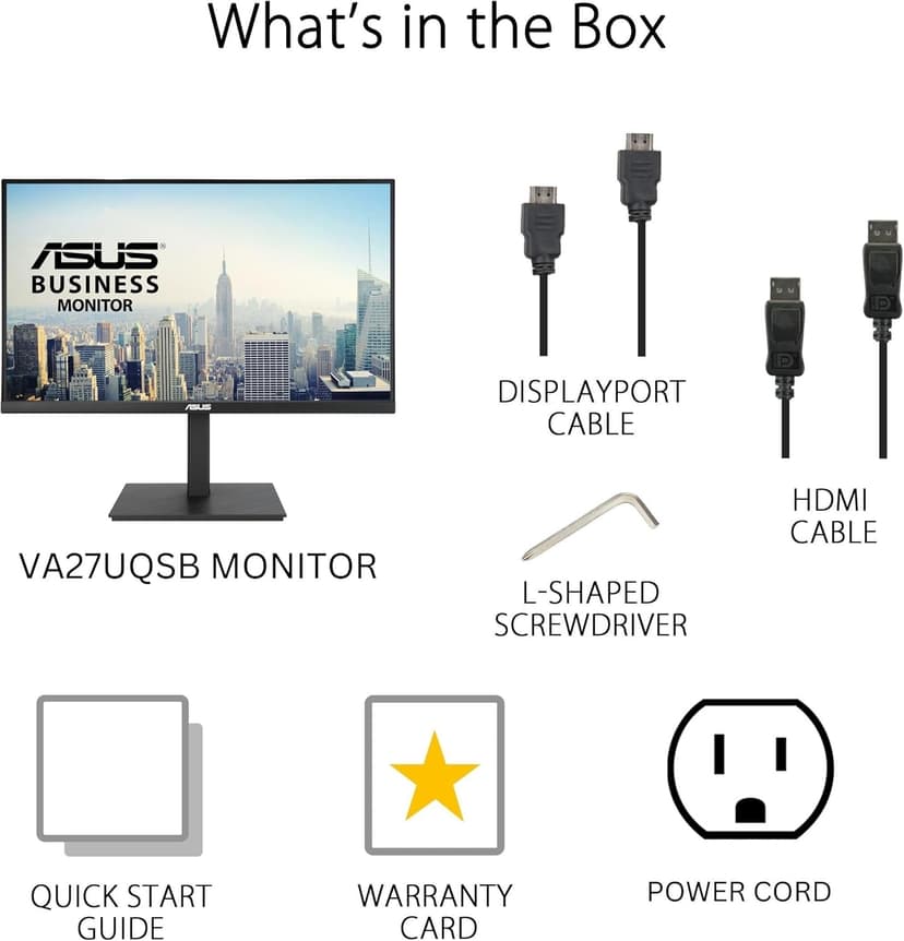 ASUS 27” 4K Business Monitor (VA27UQSB) - UHD (3840 x 2160), IPS, Frameless, HDR10, DisplayPort, Dual HDMI, Speakers, Eye Care, Ergonomic, pivot, swivel, height adjustable, DisplayWidget, 3yr warranty