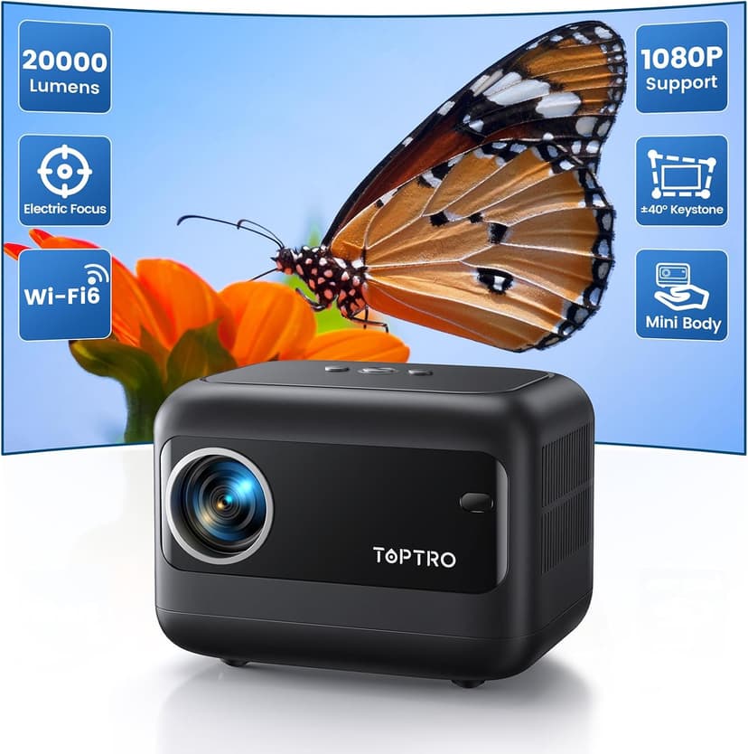 [Electric Focus/Mini Body]Mini Projector with WiFi 6 and Bluetooth 5.2, 2025 Upgrade TOPTRO TR25 Portable Projector, 1080P FHD, ±40° Electric Keystone Correction, Movie Projector for iOS/Android/PS5
