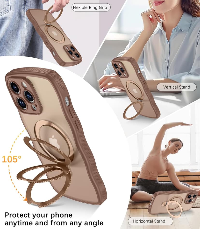 BENTOBEN for Magnetic iPhone 15 Pro Case, [Compatible with Magsafe] [Curly Wave Frame Design] Non-Slip Easier Grip Kickstand Ring Holder Protective Bumper Cute Girls Men Phone Cover, Desert Titanium