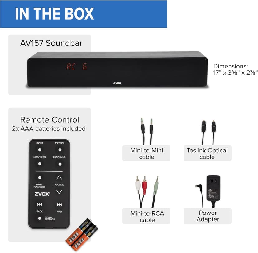 ZVOX Dialogue Clarifying Sound Bar - Patented Hearing Technology, AccuVoice TV Sound Bar with 12 Levels of Voice Boost, 17" Home Theater TV Speakers, Ideal for Smart TVs - AV157 Black