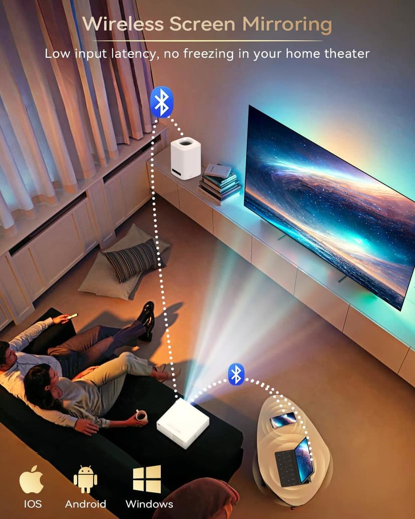 [1300 ANSI/Netflix Licensed/Dolby Audio] Projector with WiFi Bluetooth Portable Outdoor - 4K Smart Ceiling Projector with Built in Apps, Wireless Home Theater for Bedroom, 20% Zoom/500", HDMI/Phone/PC
