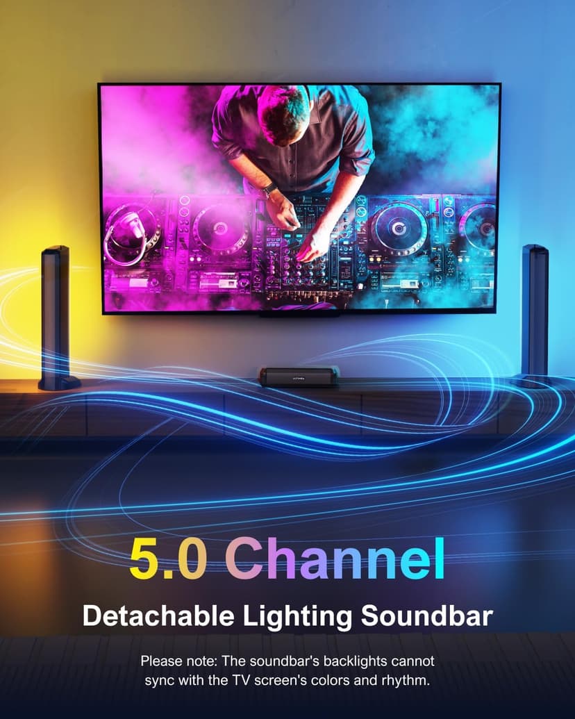 ULTIMEA 5.0ch Sound Bar for Smart TV, PC Soundbar with RGB Light, Detachable Soundbar for TV with App Control, 120W Peak Power, Bluetooth 5.3 TV Sound Bar, HDMI-ARC/Opt/AUX, Wall Mount, Apollo S70