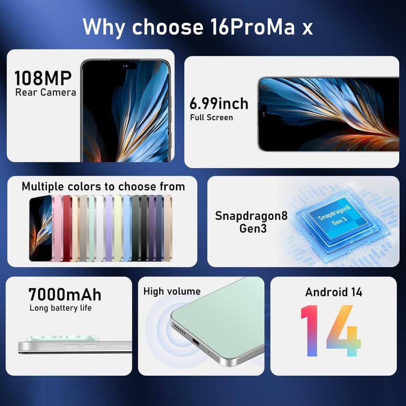 16PROMA X Smartphone New Upgrade 12GB+512GB/6.99" Display 68+108MP Zoom Camera,Tempered Glass Finish, 7000mAh Android 14 Smartphone (Green)