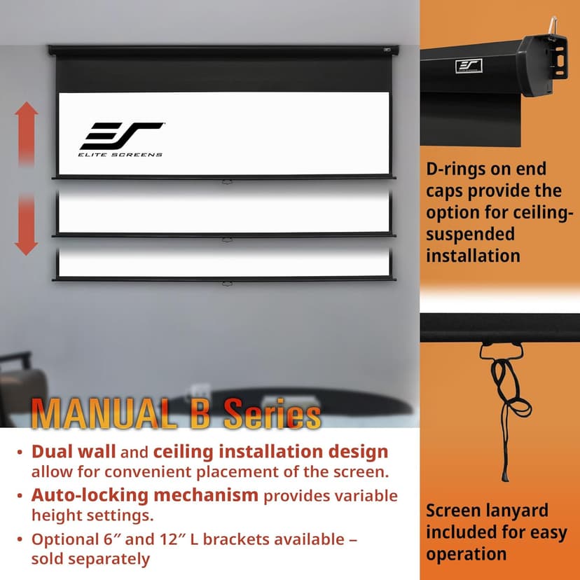 Elite Screens Manual B Series, 120-INCH Pull Down Projector Screen, ISF Certified, Auto-Lock Mechanism, 4K / 8K 3D Ultra HDR HD Ready Home Cinema Theater Gaming, M120H