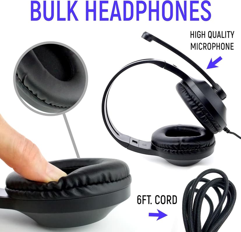 Bulk Headphones for Classroom with Microphone, Heavy-Duty School Pack Wired Headphones for Students with Rotating Boom Mic. Teacher Must Haves from Elementary to College (12 Pack Black)
