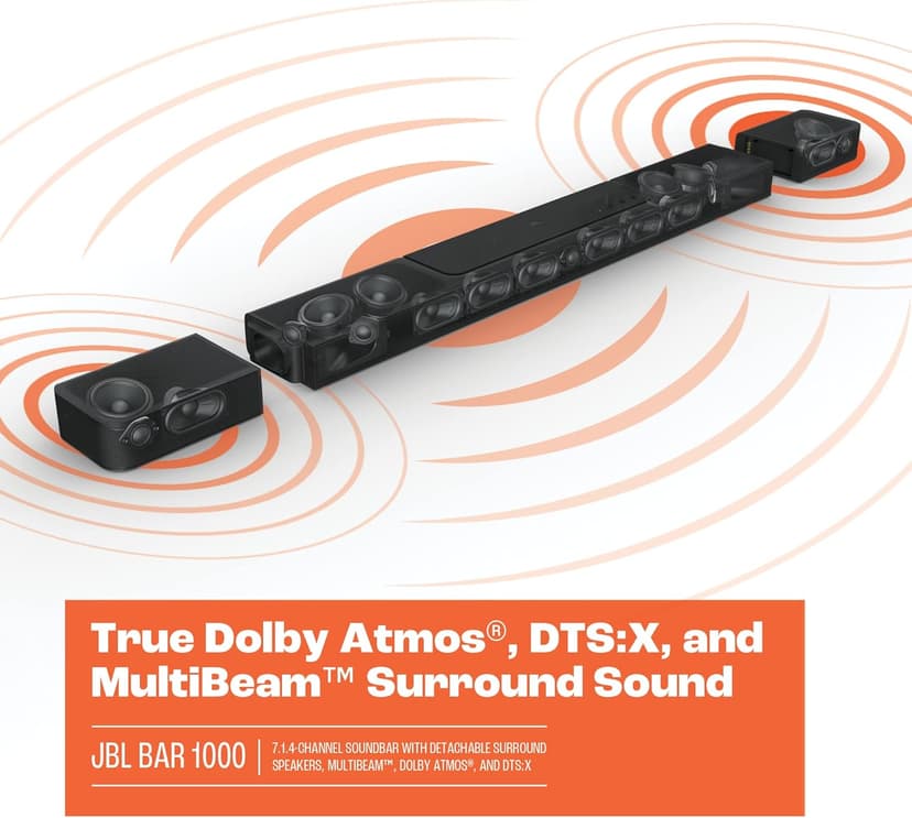 JBL Bar 1000: 7.1.4-Channel soundbar with Detachable Surround Speakers, MultiBeam™, Dolby Atmos®, and DTS:X®, Black (Renewed)