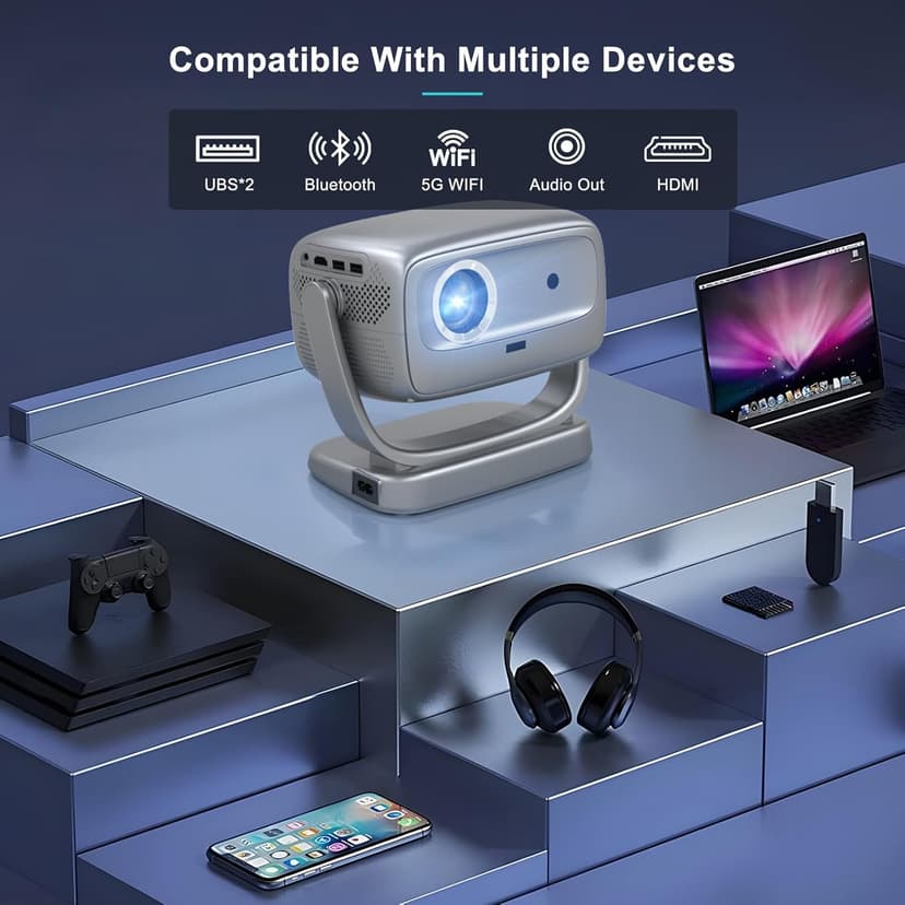 Projector with WiFi and Bluetooth Portable Outdoor: [Auto Focus&Keystone/360° Stand] Smart TV 4K Movie Projector with Apps Netflix Licensed 50%Zoom 700ANSI 3D DoIby Audio Android Home Camping Ceiling
