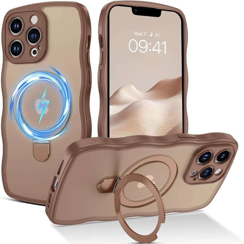 BENTOBEN for Magnetic iPhone 15 Pro Case, [Compatible with Magsafe] [Curly Wave Frame Design] Non-Slip Easier Grip Kickstand Ring Holder Protective Bumper Cute Girls Men Phone Cover, Desert Titanium